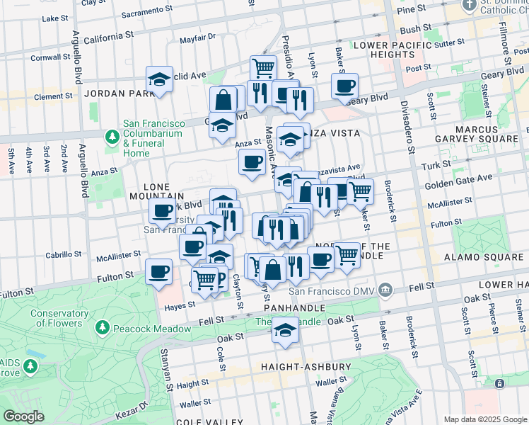 map of restaurants, bars, coffee shops, grocery stores, and more near Golden Gate Avenue & Annapolis Terrace in San Francisco