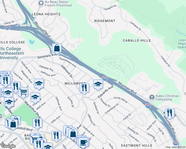 map of restaurants, bars, coffee shops, grocery stores, and more near 4024 Edgemoor Place in Oakland