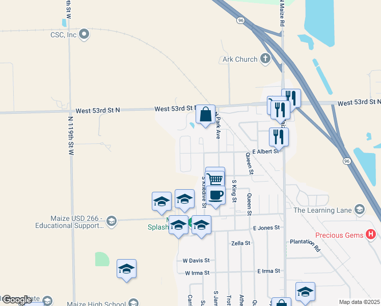 map of restaurants, bars, coffee shops, grocery stores, and more near 300 West Albert in Maize