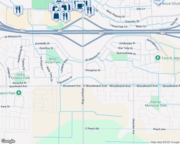 map of restaurants, bars, coffee shops, grocery stores, and more near 2068 Peregrine Street in Manteca