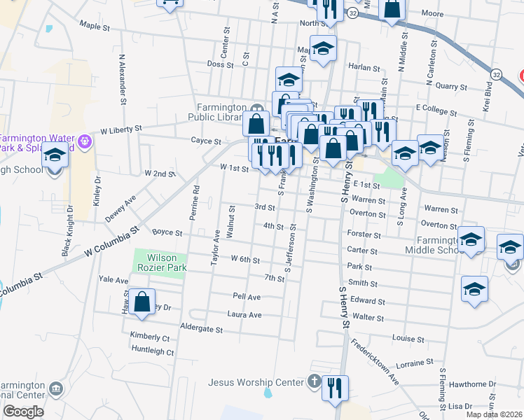 map of restaurants, bars, coffee shops, grocery stores, and more near 402 South A Street in Farmington