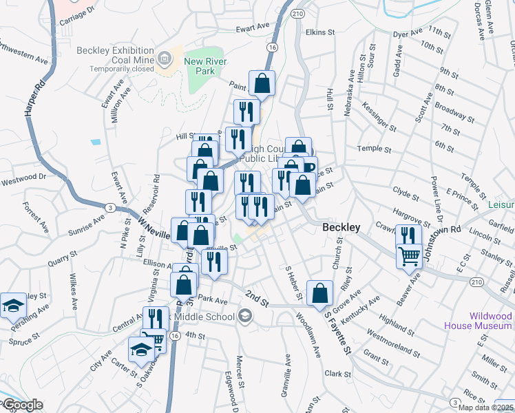 map of restaurants, bars, coffee shops, grocery stores, and more near 116 N Heber St in Beckley