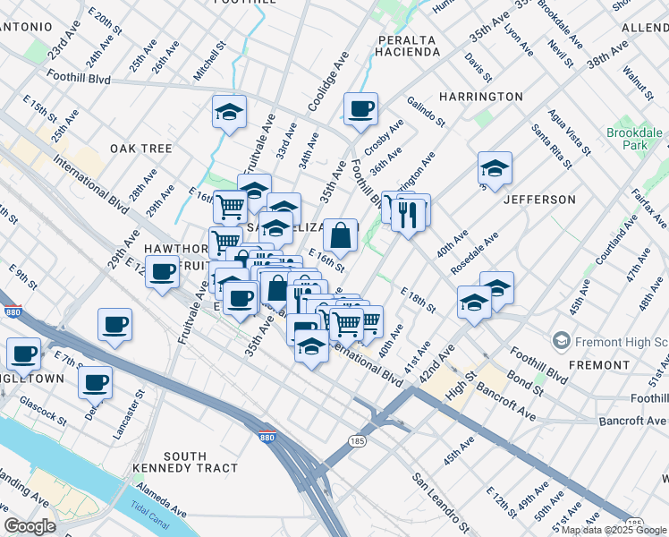 map of restaurants, bars, coffee shops, grocery stores, and more near 3629 East 16th Street in Oakland