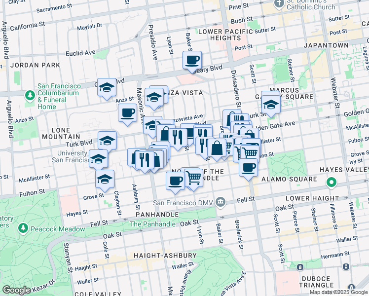 map of restaurants, bars, coffee shops, grocery stores, and more near 711 Lyon Street in San Francisco