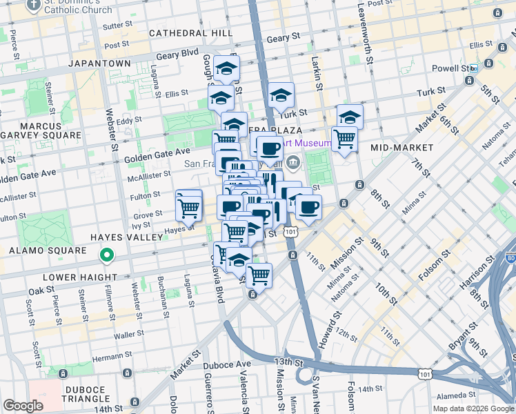 map of restaurants, bars, coffee shops, grocery stores, and more near Franklin Street & Ivy Street in San Francisco