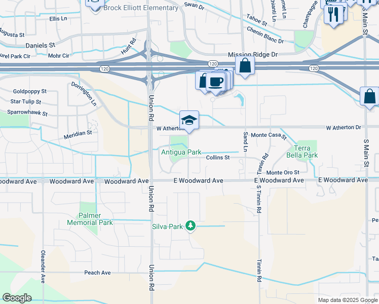 map of restaurants, bars, coffee shops, grocery stores, and more near 1600 Pagola Avenue in Manteca