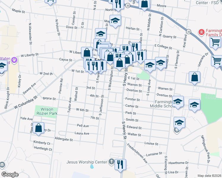 map of restaurants, bars, coffee shops, grocery stores, and more near 316 South Washington Street in Farmington
