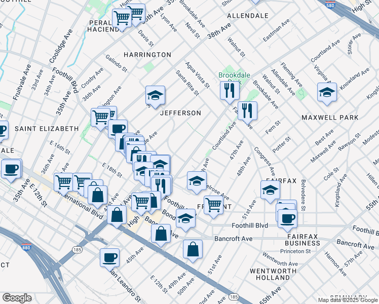map of restaurants, bars, coffee shops, grocery stores, and more near 2123 High Street in Oakland
