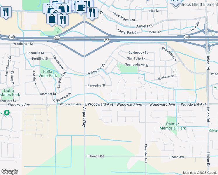 map of restaurants, bars, coffee shops, grocery stores, and more near 2012 Peregrine Street in Manteca