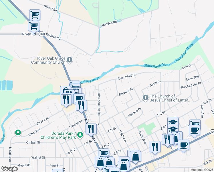 map of restaurants, bars, coffee shops, grocery stores, and more near in Oakdale