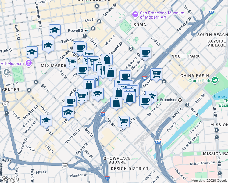 map of restaurants, bars, coffee shops, grocery stores, and more near 1000 Harrison Street in San Francisco