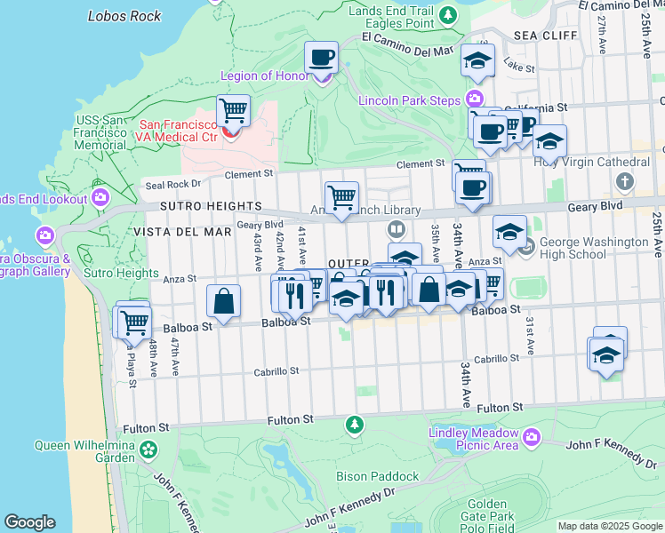 map of restaurants, bars, coffee shops, grocery stores, and more near 594 40th Avenue in San Francisco