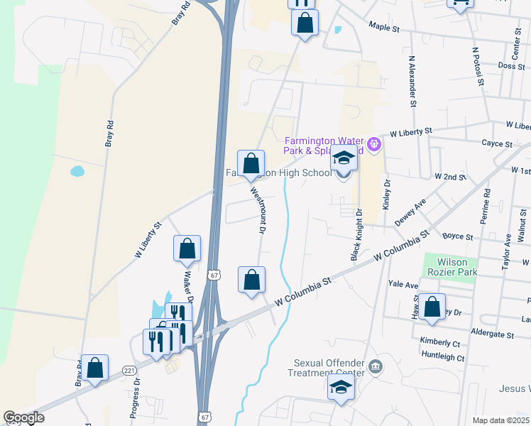 map of restaurants, bars, coffee shops, grocery stores, and more near 132 Westmount Drive in Farmington