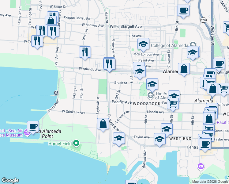 map of restaurants, bars, coffee shops, grocery stores, and more near 108 Cypress Street in Alameda