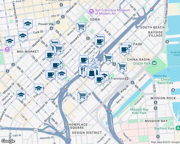 map of restaurants, bars, coffee shops, grocery stores, and more near 88 Merlin Street in San Francisco