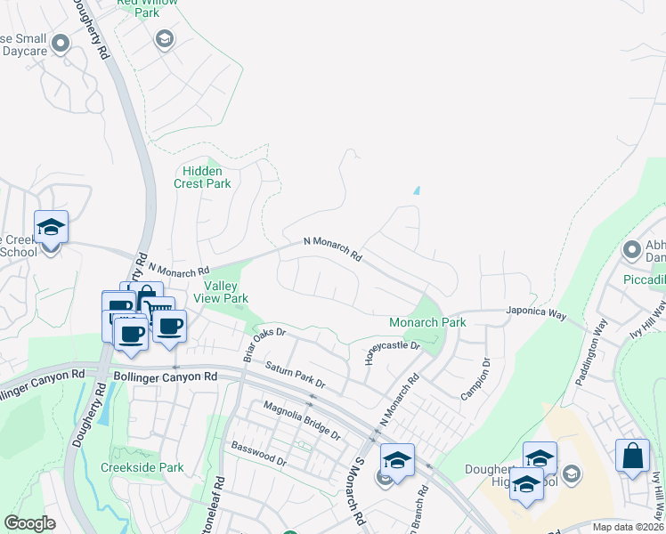 map of restaurants, bars, coffee shops, grocery stores, and more near 2240 Britannia Drive in San Ramon