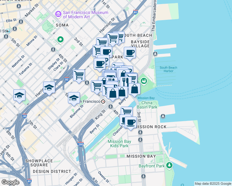 map of restaurants, bars, coffee shops, grocery stores, and more near 219 King Street in San Francisco