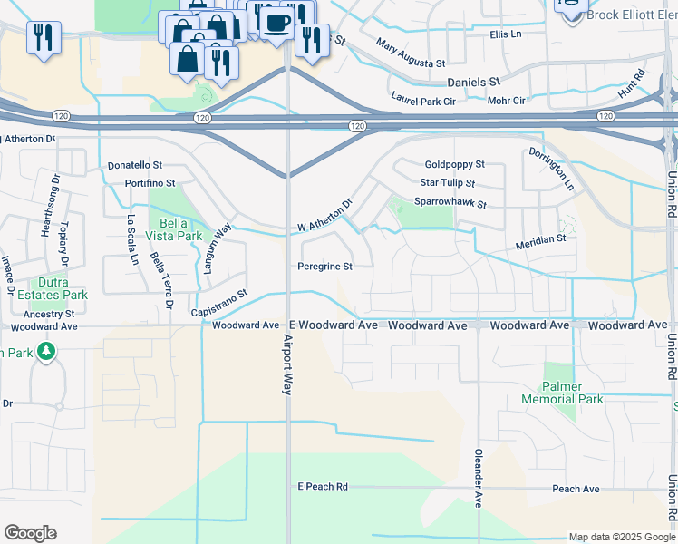 map of restaurants, bars, coffee shops, grocery stores, and more near 2040 Peregrine Street in Manteca