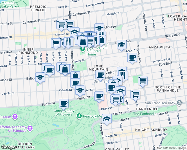 map of restaurants, bars, coffee shops, grocery stores, and more near Stanyan St & Turk Blvd in San Francisco