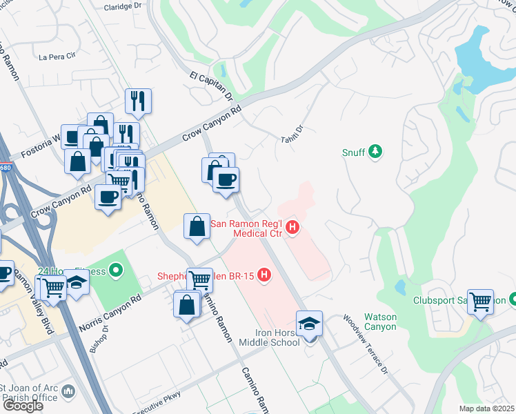 map of restaurants, bars, coffee shops, grocery stores, and more near 281 Norris Canyon Terrace in San Ramon