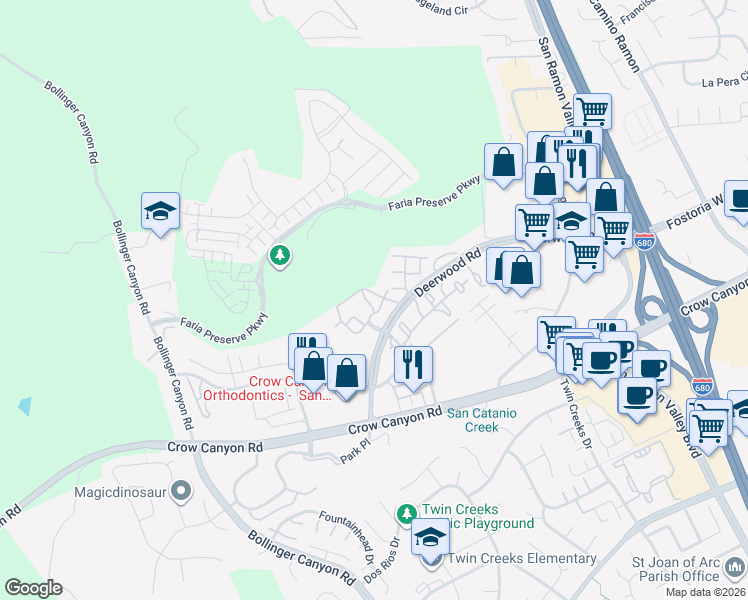 map of restaurants, bars, coffee shops, grocery stores, and more near 106 Treasure Court in San Ramon
