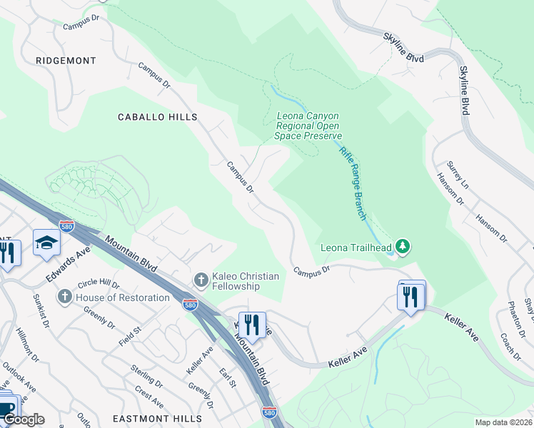 map of restaurants, bars, coffee shops, grocery stores, and more near 5016 Crystal Ridge Court in Oakland