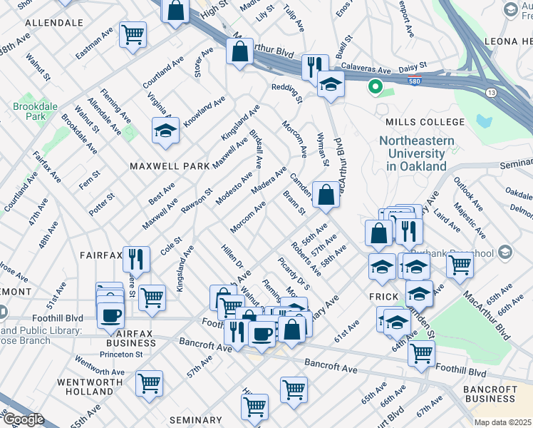 map of restaurants, bars, coffee shops, grocery stores, and more near 5402 Roberts Avenue in Oakland