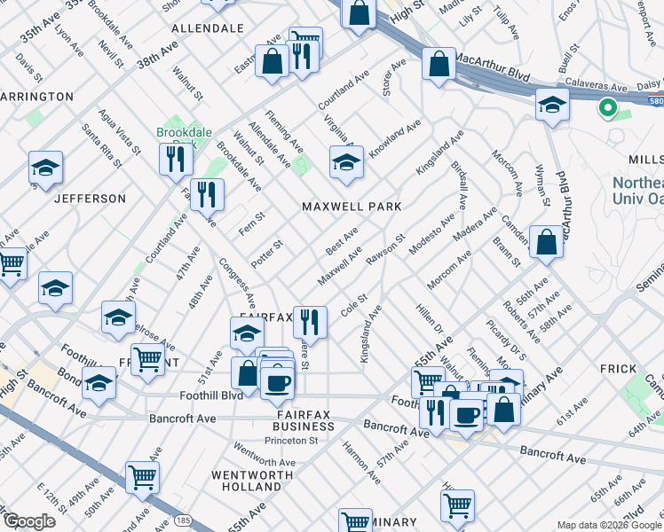 map of restaurants, bars, coffee shops, grocery stores, and more near 2568 Best Avenue in Oakland