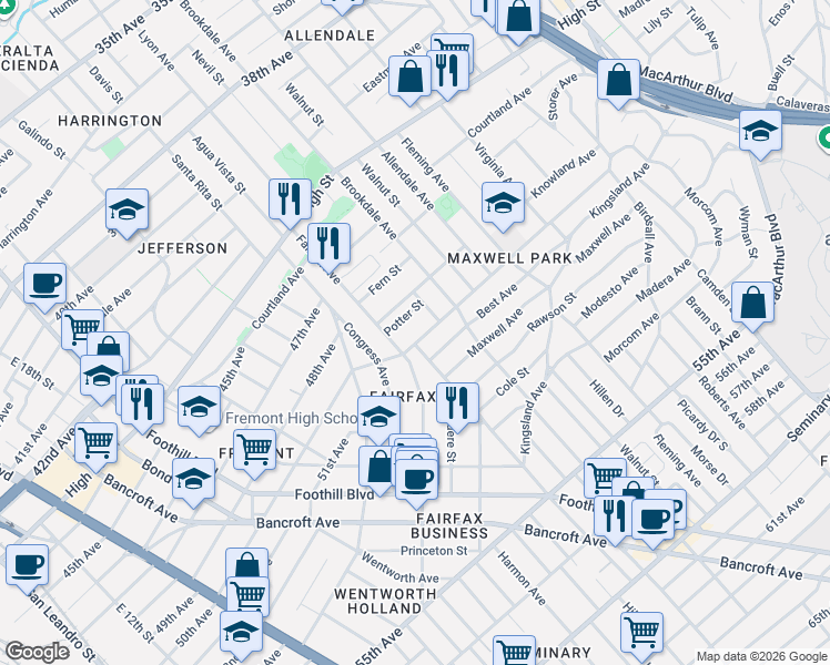 map of restaurants, bars, coffee shops, grocery stores, and more near 2440 Monticello Avenue in Oakland