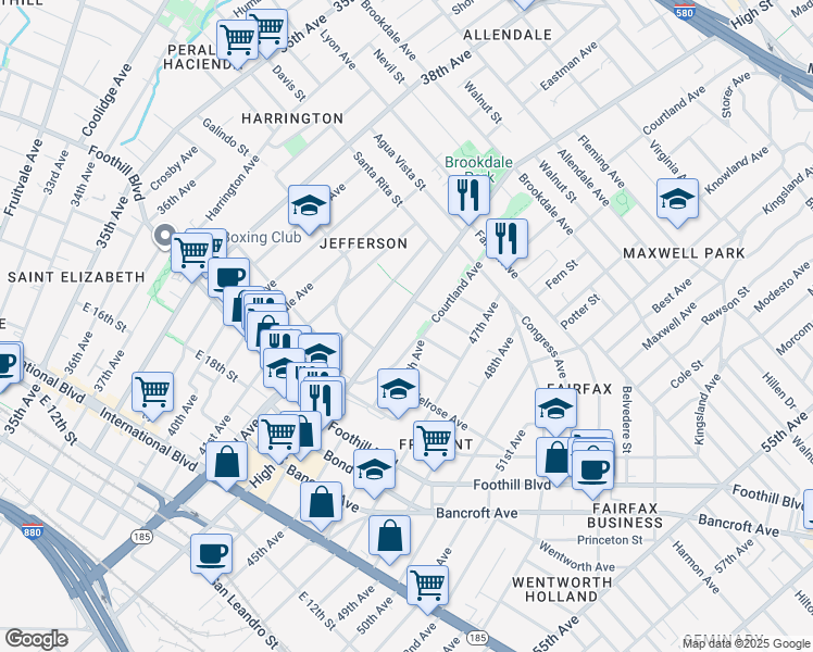 map of restaurants, bars, coffee shops, grocery stores, and more near 2183 Courtland Avenue in Oakland