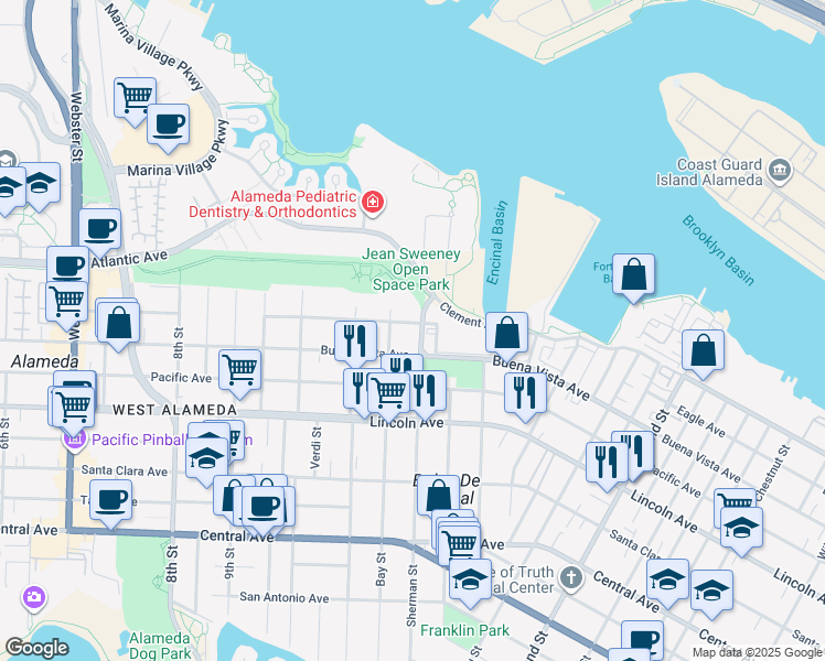 map of restaurants, bars, coffee shops, grocery stores, and more near 1817 Sherman Street in Alameda