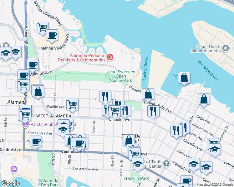map of restaurants, bars, coffee shops, grocery stores, and more near 1817 Sherman Street in Alameda