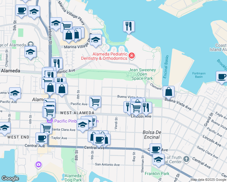 map of restaurants, bars, coffee shops, grocery stores, and more near 1811 Chapin Street in Alameda