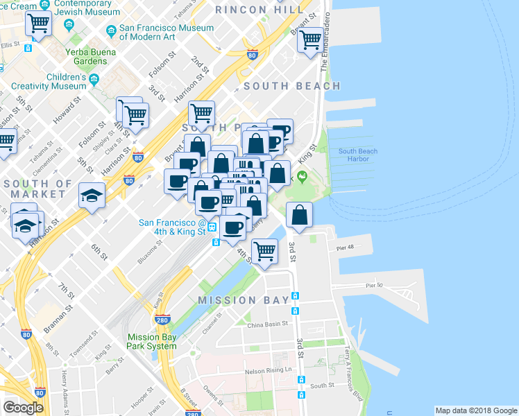 map of restaurants, bars, coffee shops, grocery stores, and more near 219 King Street in San Francisco
