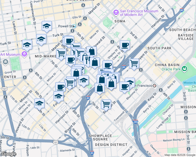 map of restaurants, bars, coffee shops, grocery stores, and more near 1000 Harrison Street in San Francisco