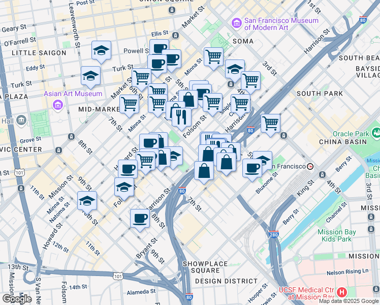 map of restaurants, bars, coffee shops, grocery stores, and more near 1000 Harrison Street in San Francisco