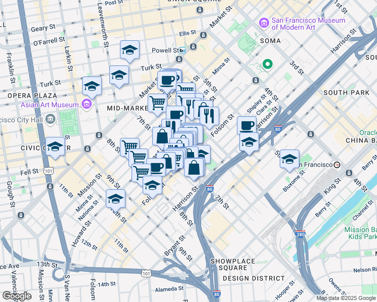 map of restaurants, bars, coffee shops, grocery stores, and more near 1074 Folsom Street in San Francisco