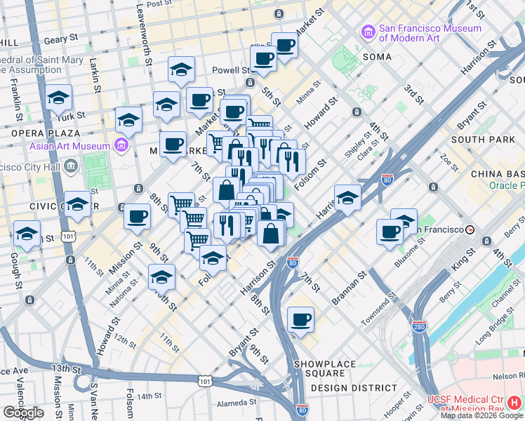 map of restaurants, bars, coffee shops, grocery stores, and more near 1074 Folsom Street in San Francisco