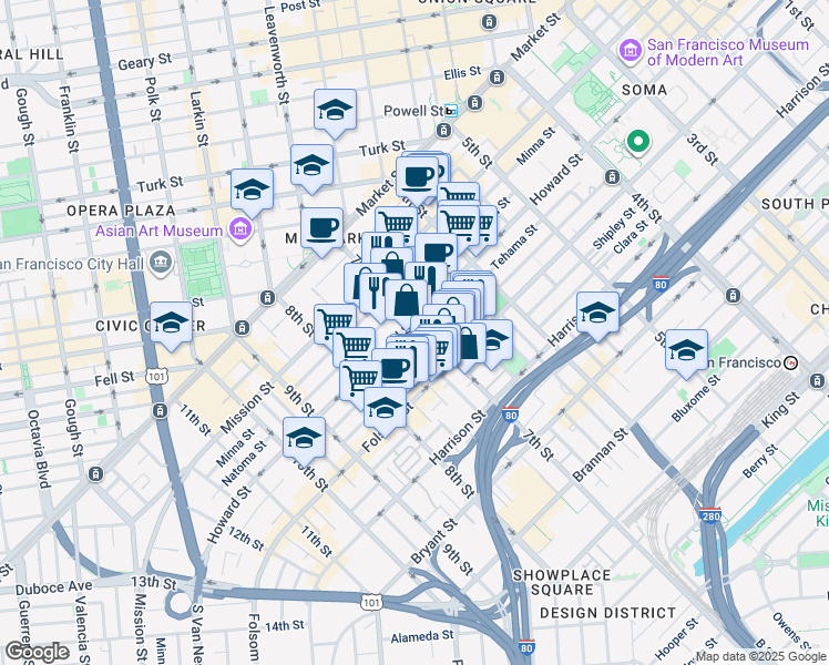 map of restaurants, bars, coffee shops, grocery stores, and more near 1108 Howard Street in San Francisco