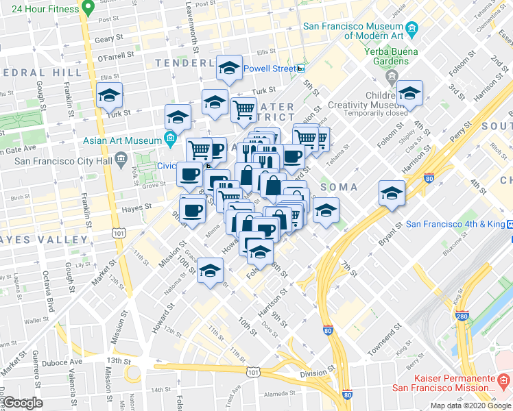 map of restaurants, bars, coffee shops, grocery stores, and more near 1136 Howard Street in San Francisco