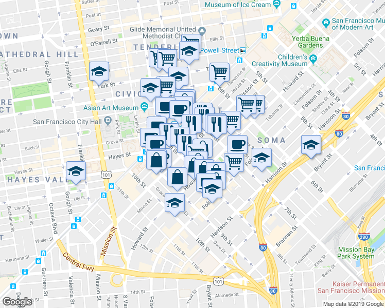 map of restaurants, bars, coffee shops, grocery stores, and more near in San Francisco