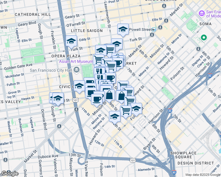 map of restaurants, bars, coffee shops, grocery stores, and more near 1275 Market Street in San Francisco