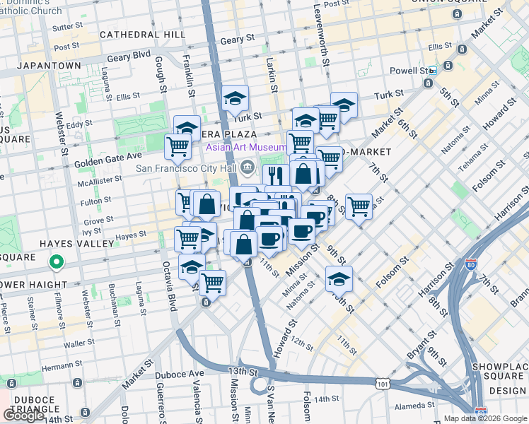 map of restaurants, bars, coffee shops, grocery stores, and more near 95 Hayes Street in San Francisco