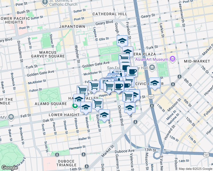 map of restaurants, bars, coffee shops, grocery stores, and more near 531 Grove Street in San Francisco