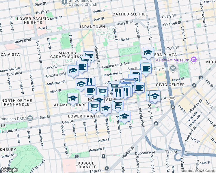 map of restaurants, bars, coffee shops, grocery stores, and more near 6 Banneker Way in San Francisco