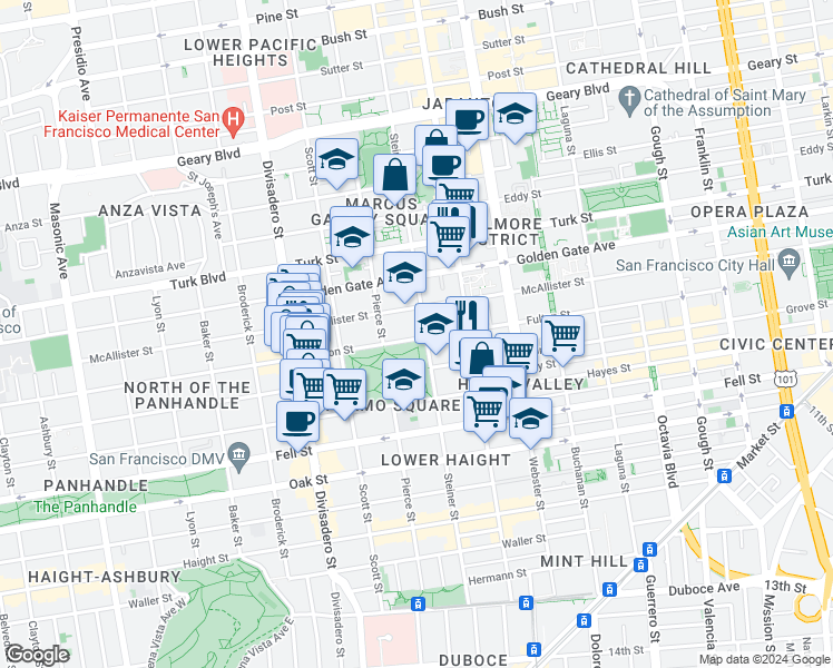 map of restaurants, bars, coffee shops, grocery stores, and more near 898 Steiner Street in San Francisco