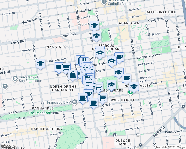 map of restaurants, bars, coffee shops, grocery stores, and more near 1555 McAllister Street in San Francisco