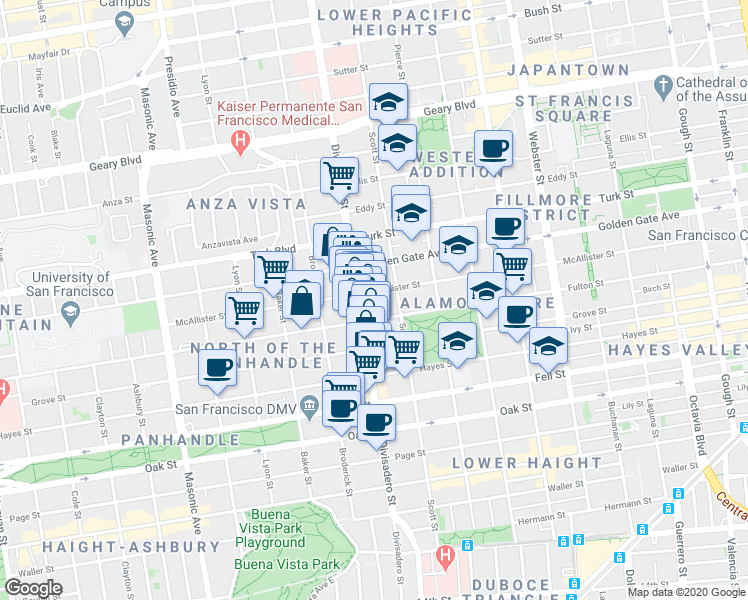 map of restaurants, bars, coffee shops, grocery stores, and more near 1555 McAllister Street in San Francisco