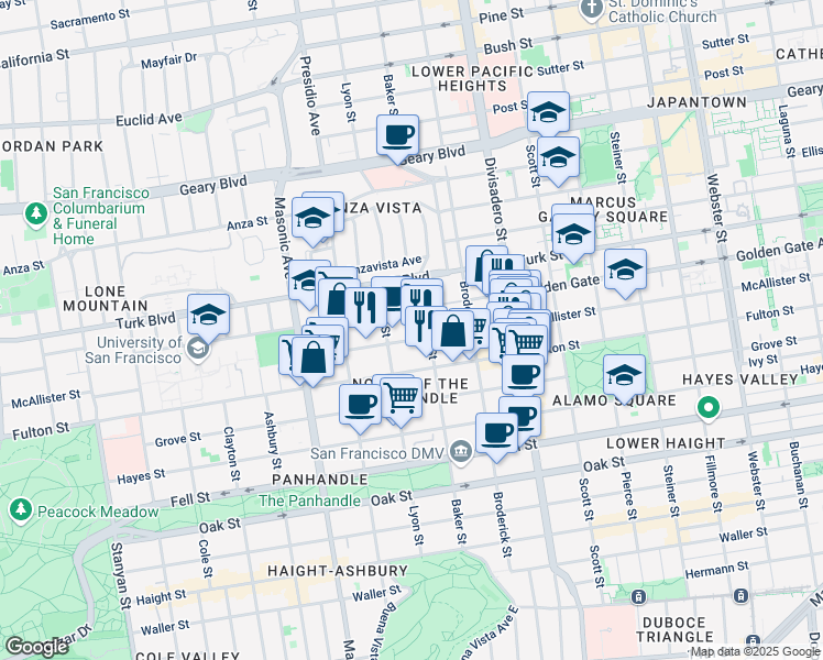 map of restaurants, bars, coffee shops, grocery stores, and more near 705 Baker Street in San Francisco