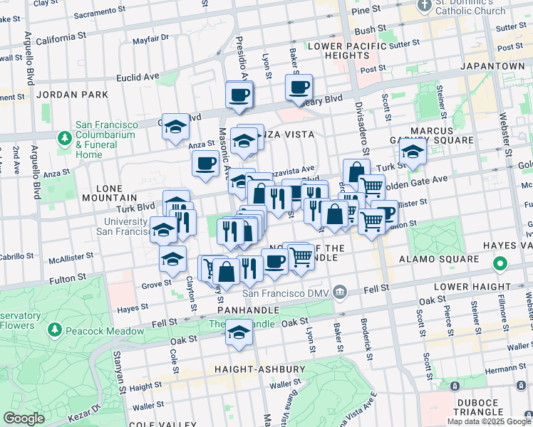 map of restaurants, bars, coffee shops, grocery stores, and more near 836 Central Avenue in San Francisco
